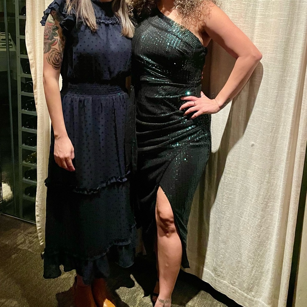Holiday One sleeve teal and black sequin dress